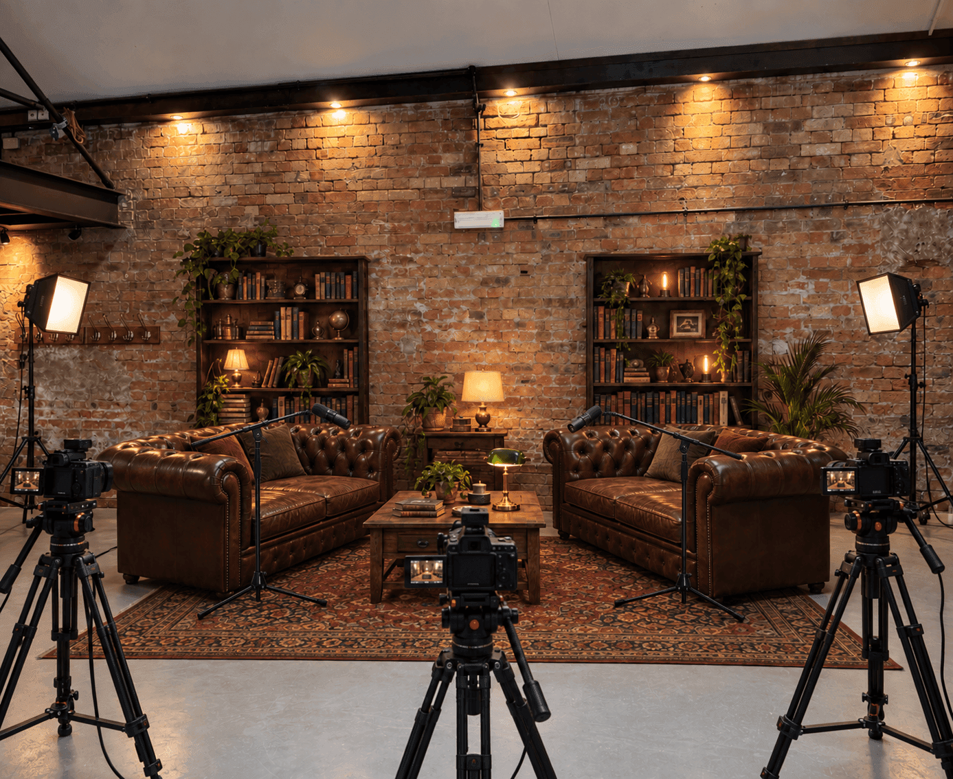 The Library podcast set with leather sofas and bookshelves at CTRL Clapton