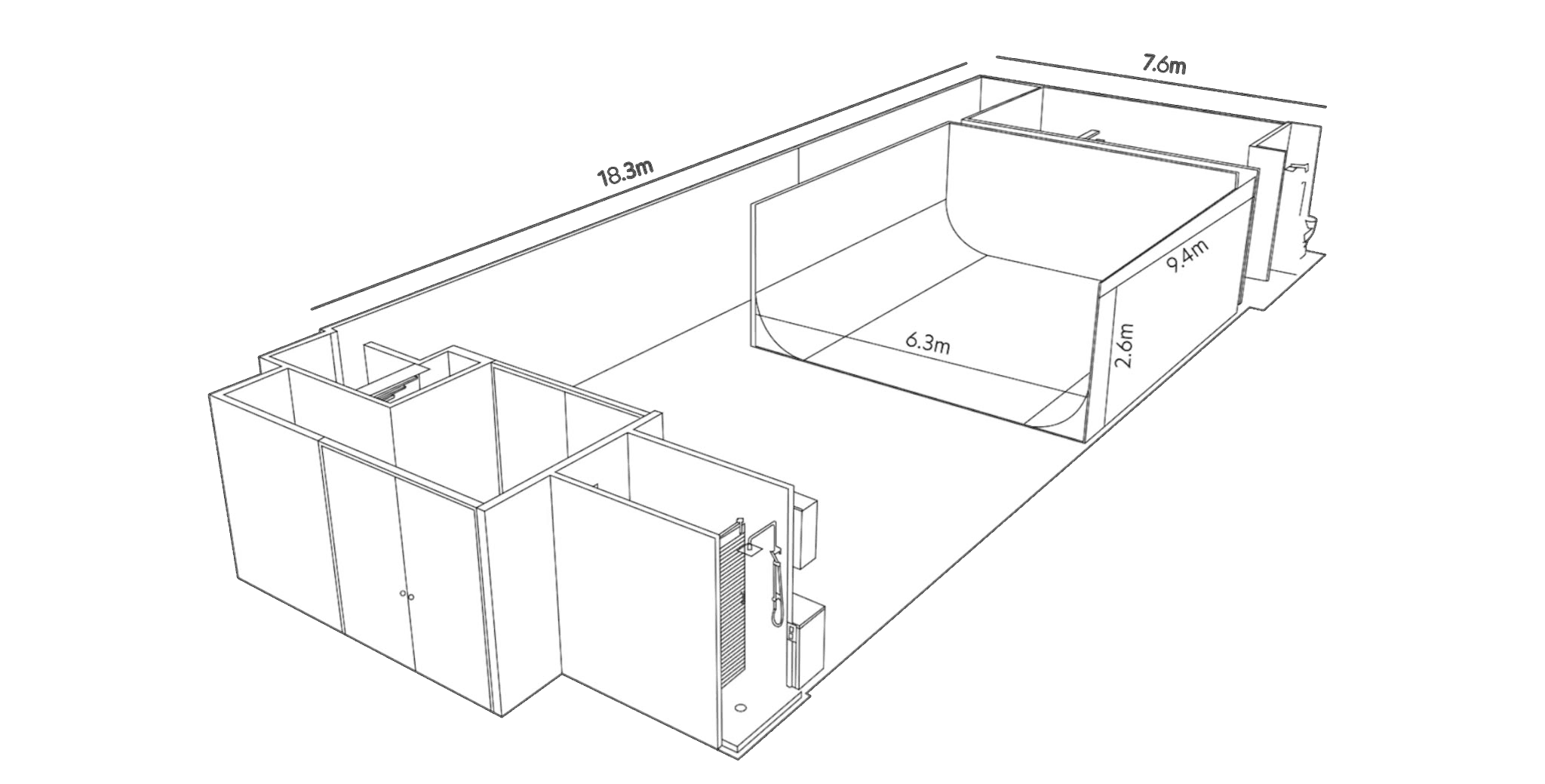 Floor plan of the CTRL Studios Infinity Cove showing the cove and studio dimensions